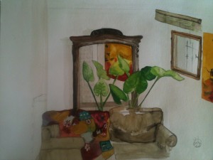 aquarelle interieur plante et canapé d'angle